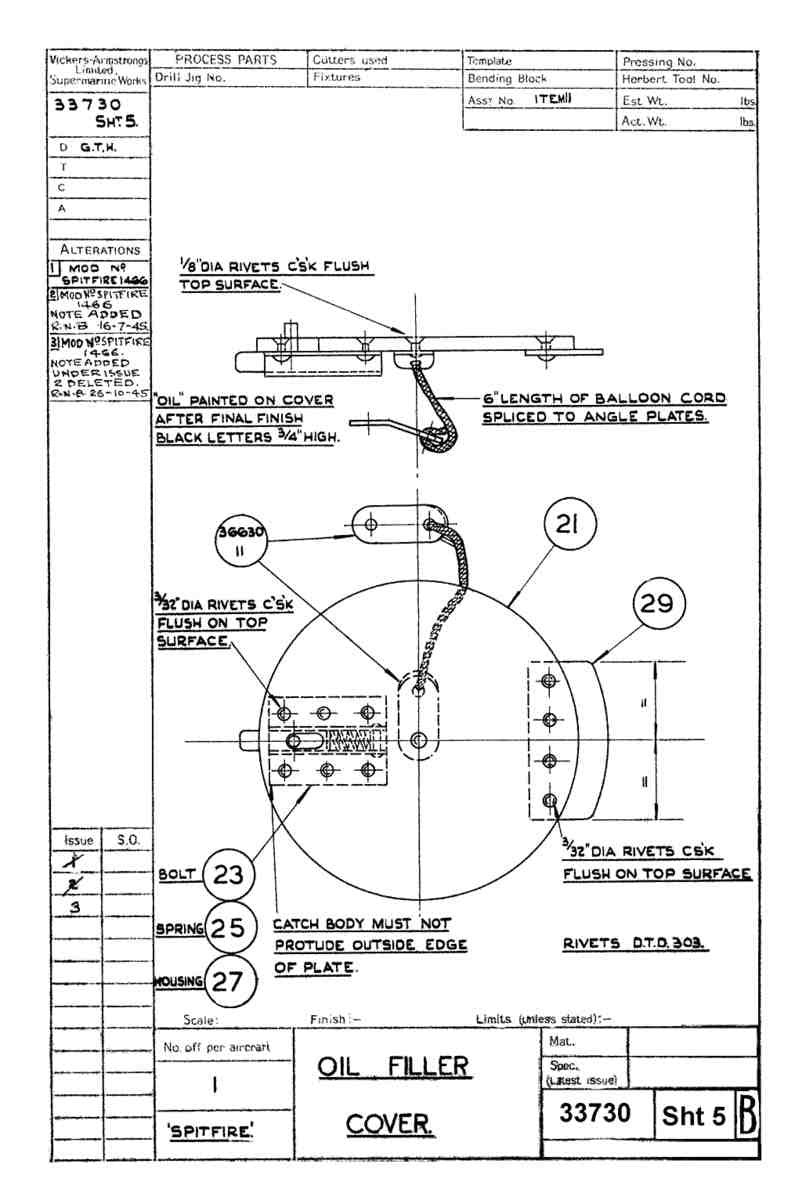 Spitfire Type 337 Mk IV Blueprints 33730 5 B Oil Filler Cover A4 Photo Print