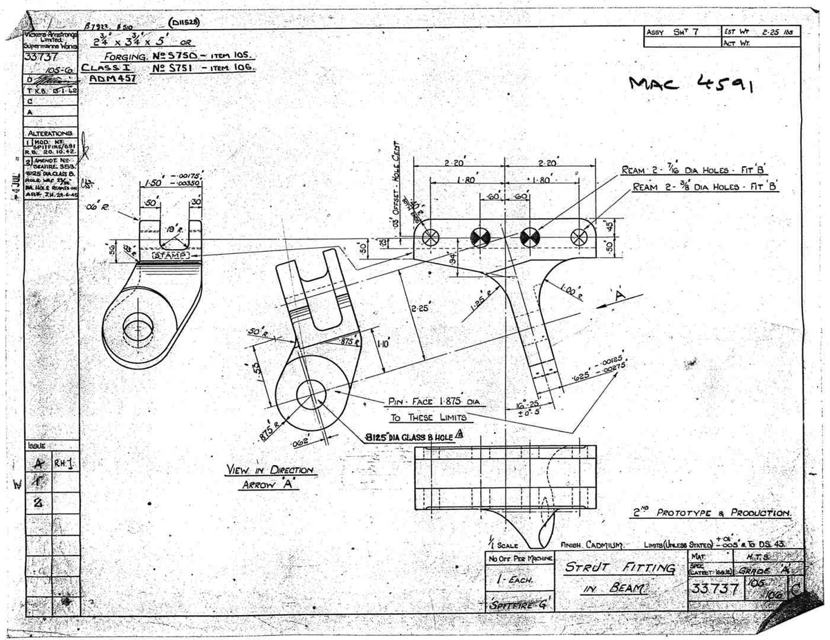 Spitfire Type 337 Mk IV Blueprints 33737 105106 C Strut Fitting in beam A4 Photo Print