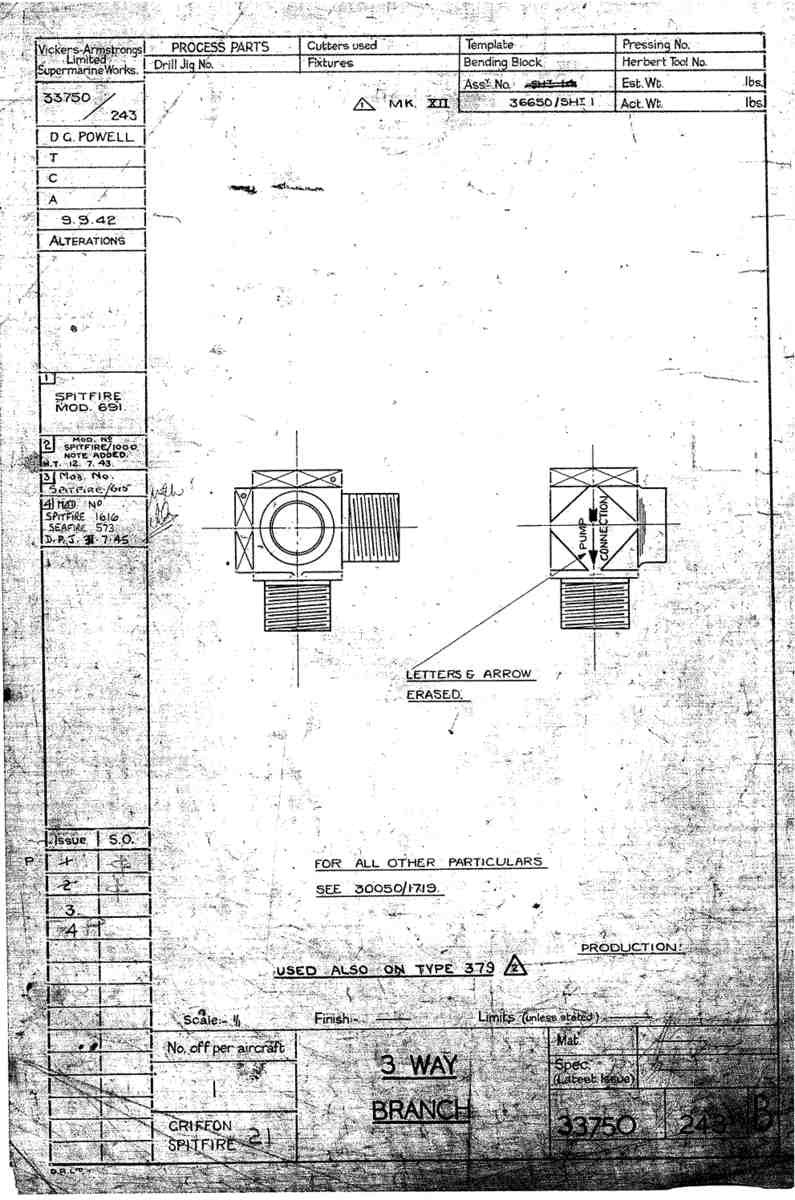 Spitfire Type 337 Mk IV Blueprints 33750 243 B 3 Way Branch A4 Photo Print