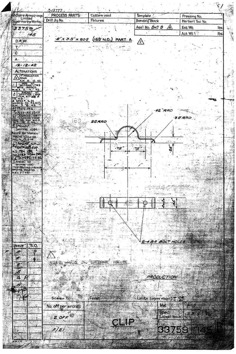 Spitfire Type 337 Mk IV Blueprints 33759 145 B Clip A4 Photo Print