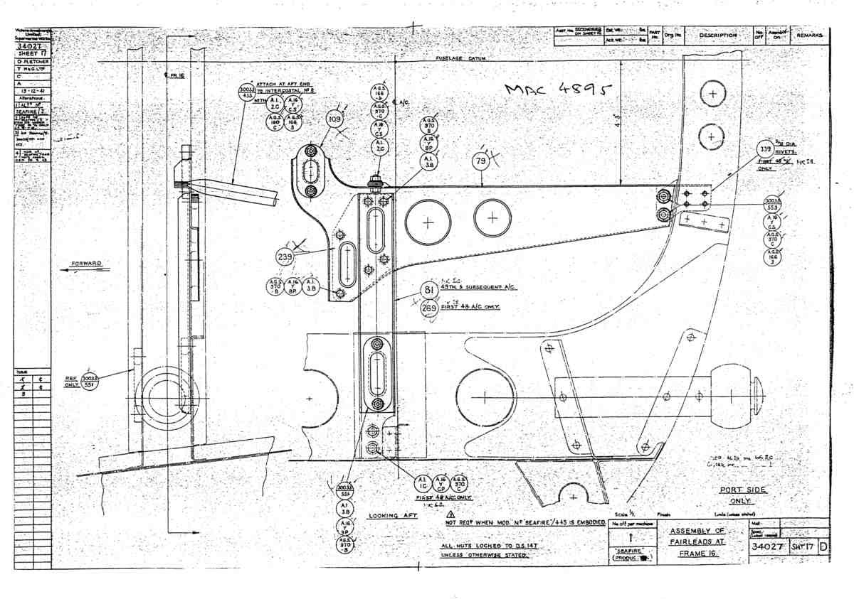 Spitfire Type 340 Seafire Blueprints 34027 17 D Assembly of Fairleads at Fr 16 A4 Photo Print