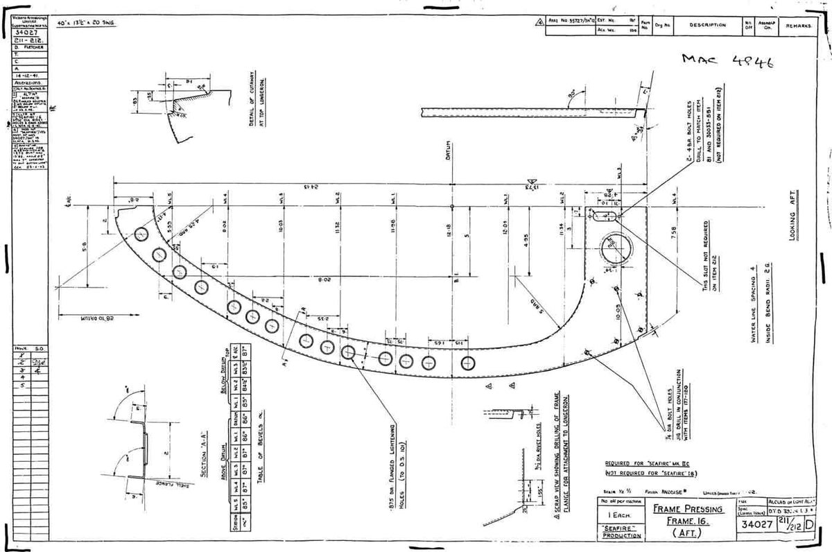 Spitfire Type 340 Seafire Blueprints 34027 211212 D Frame Pressing Frame 16 Aft A4 Photo Print