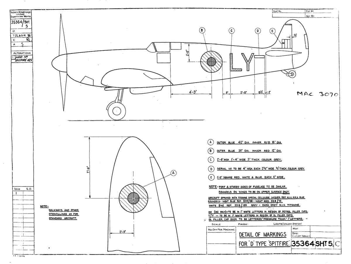 Spitfire Type 353 Mk IX Blueprints 35364 5 C Detail of Markings for D type Spitfire A4 Photo Print