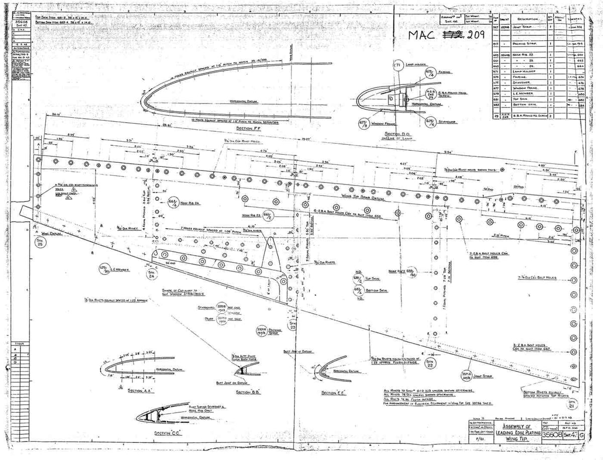 Spitfire Type 356 MK 212224 Blueprints 35608 47 G Assembly of leading edge plating wing tip A4 Photo Print
