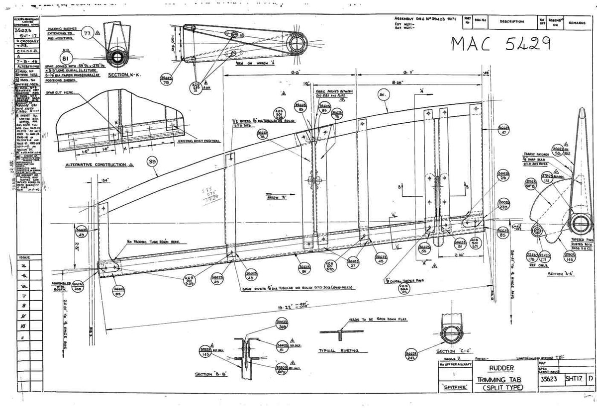 Spitfire Type 356 MK 212224 Blueprints 35623 17 D Rudder Trimming Tab A4 Photo Print
