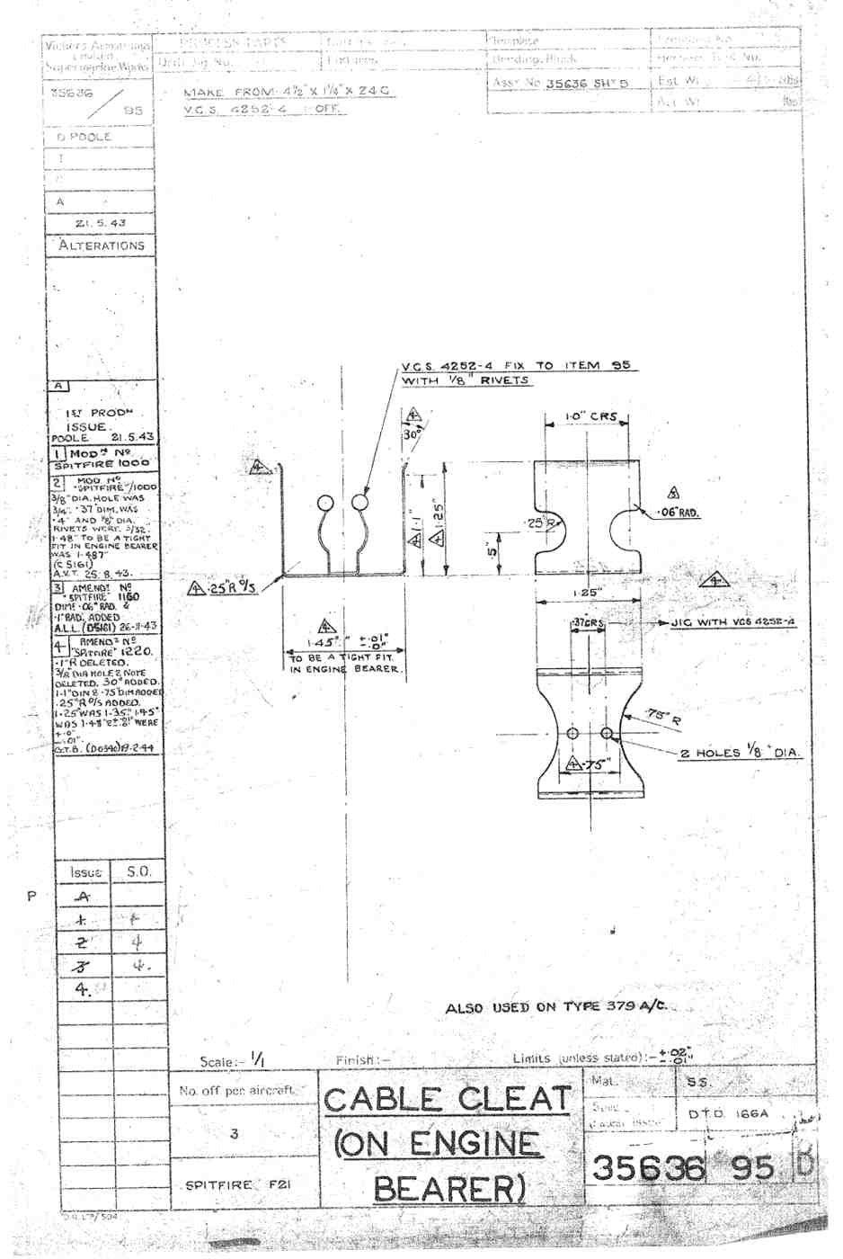 Spitfire Type 356 MK 212224 Blueprints 35636 95 B Cable Cleat on engine bearer A4 Photo Print