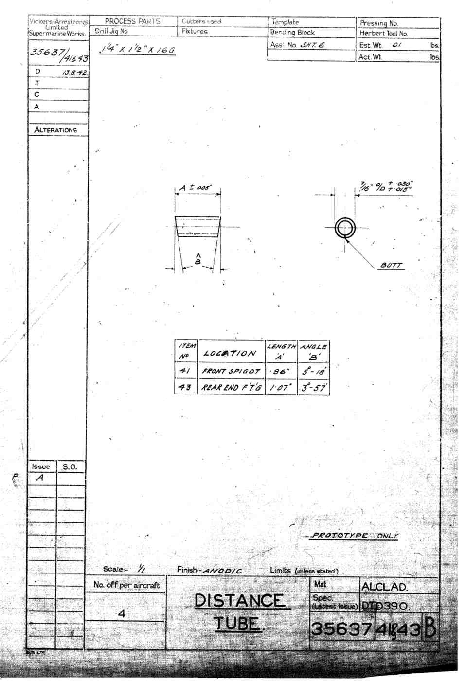 Spitfire Type 356 MK 212224 Blueprints 35637 4143 B Distance Tube A4 Photo Print