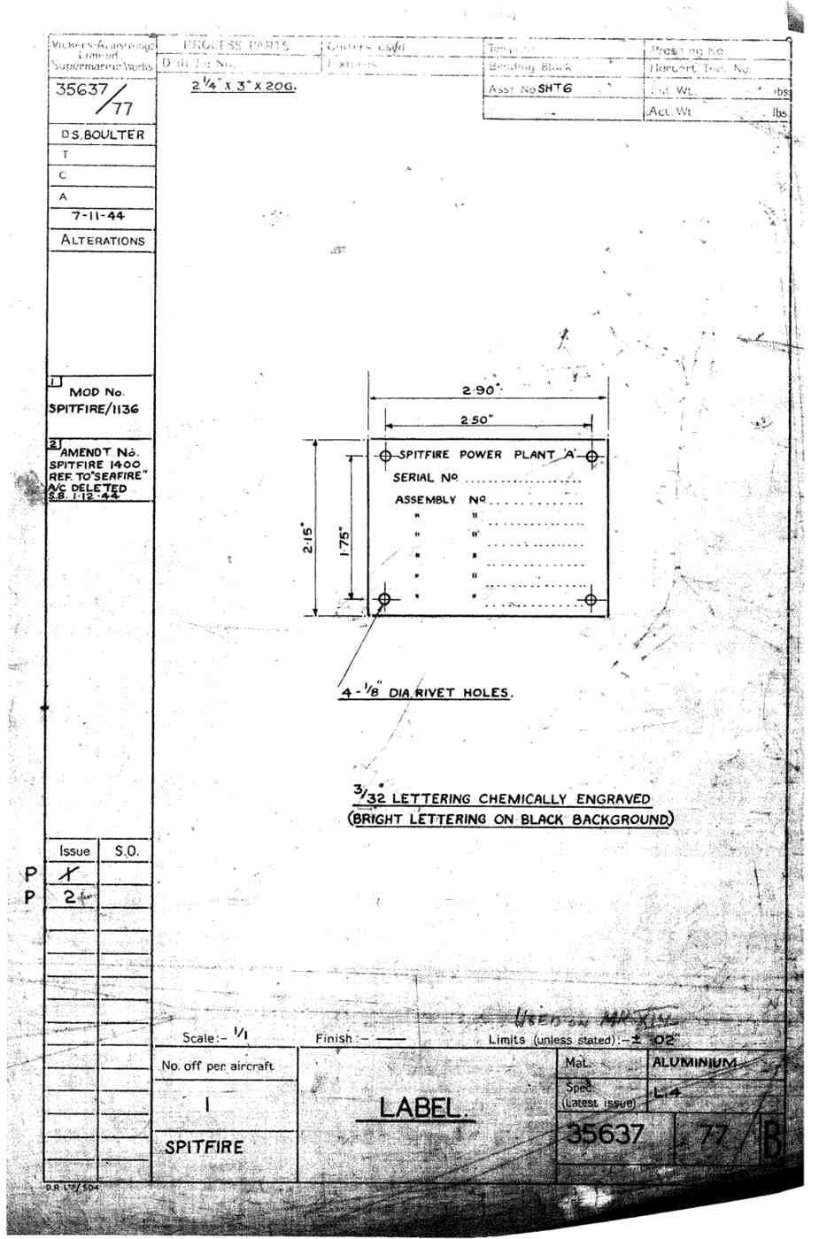 Spitfire Type 356 MK 212224 Blueprints 35637 77 B label A4 Photo Print