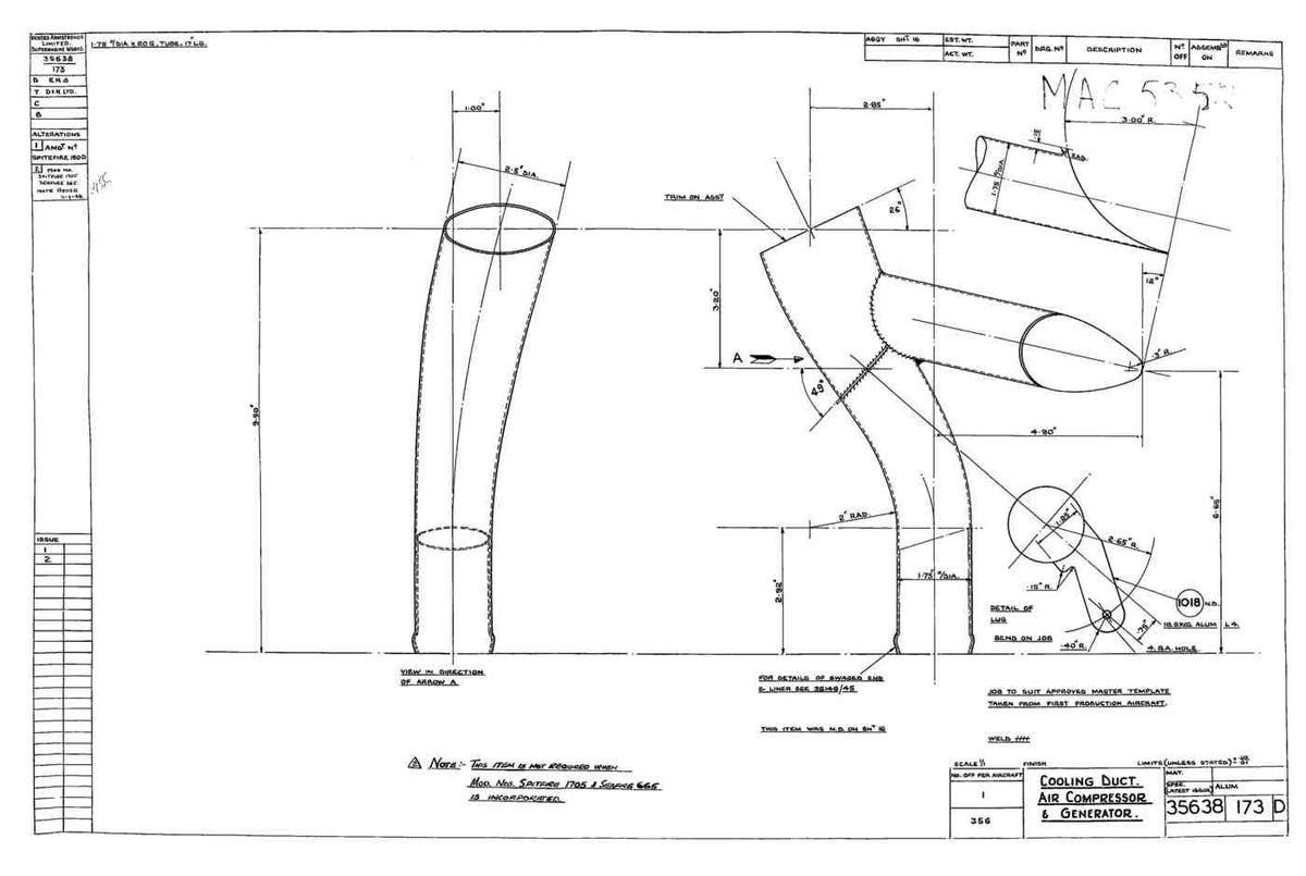 Spitfire Type 356 MK 212224 Blueprints 35638 173 D Cooling Duct air Compressor & Generator A4 Photo Print