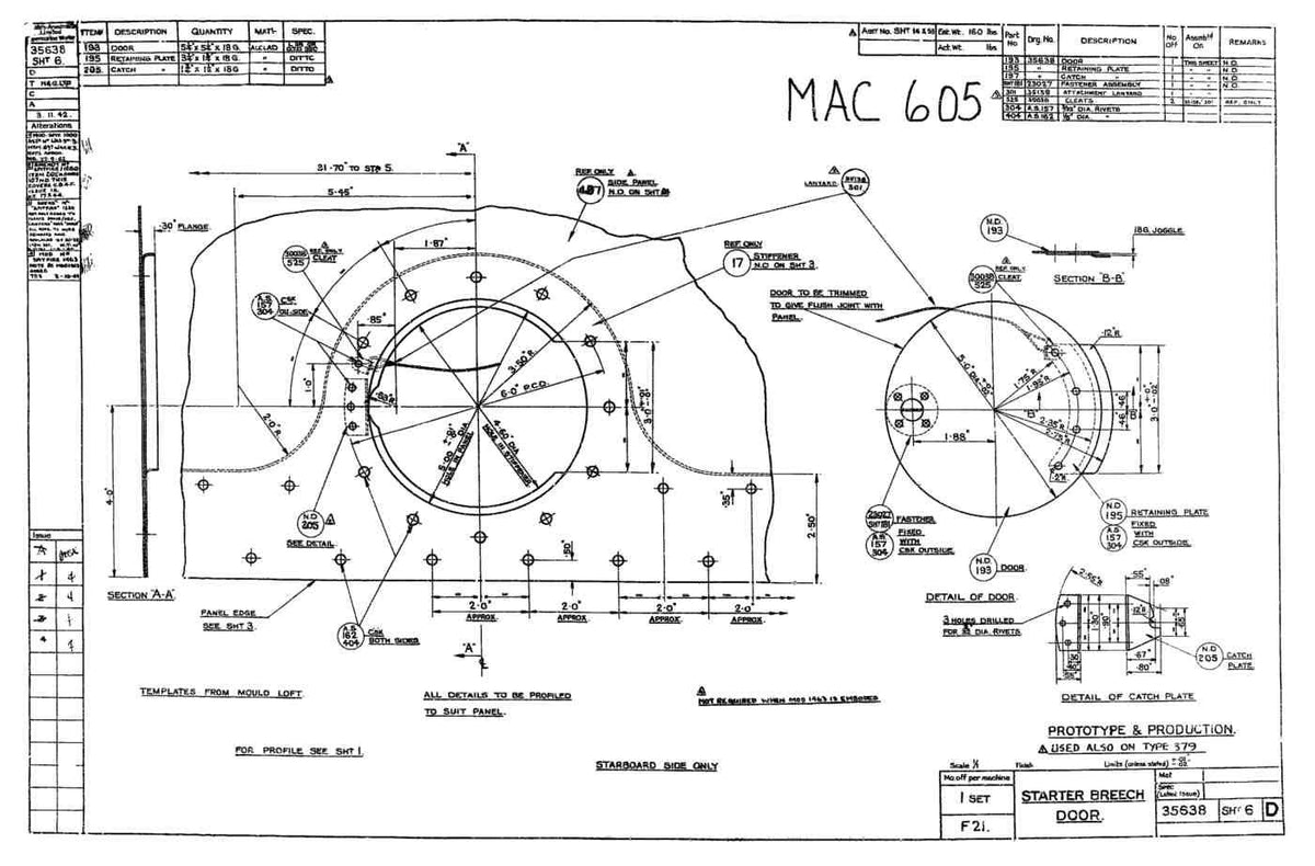 Spitfire Type 356 MK 212224 Blueprints 35638 6 D Starter Breech Door A4 Photo Print