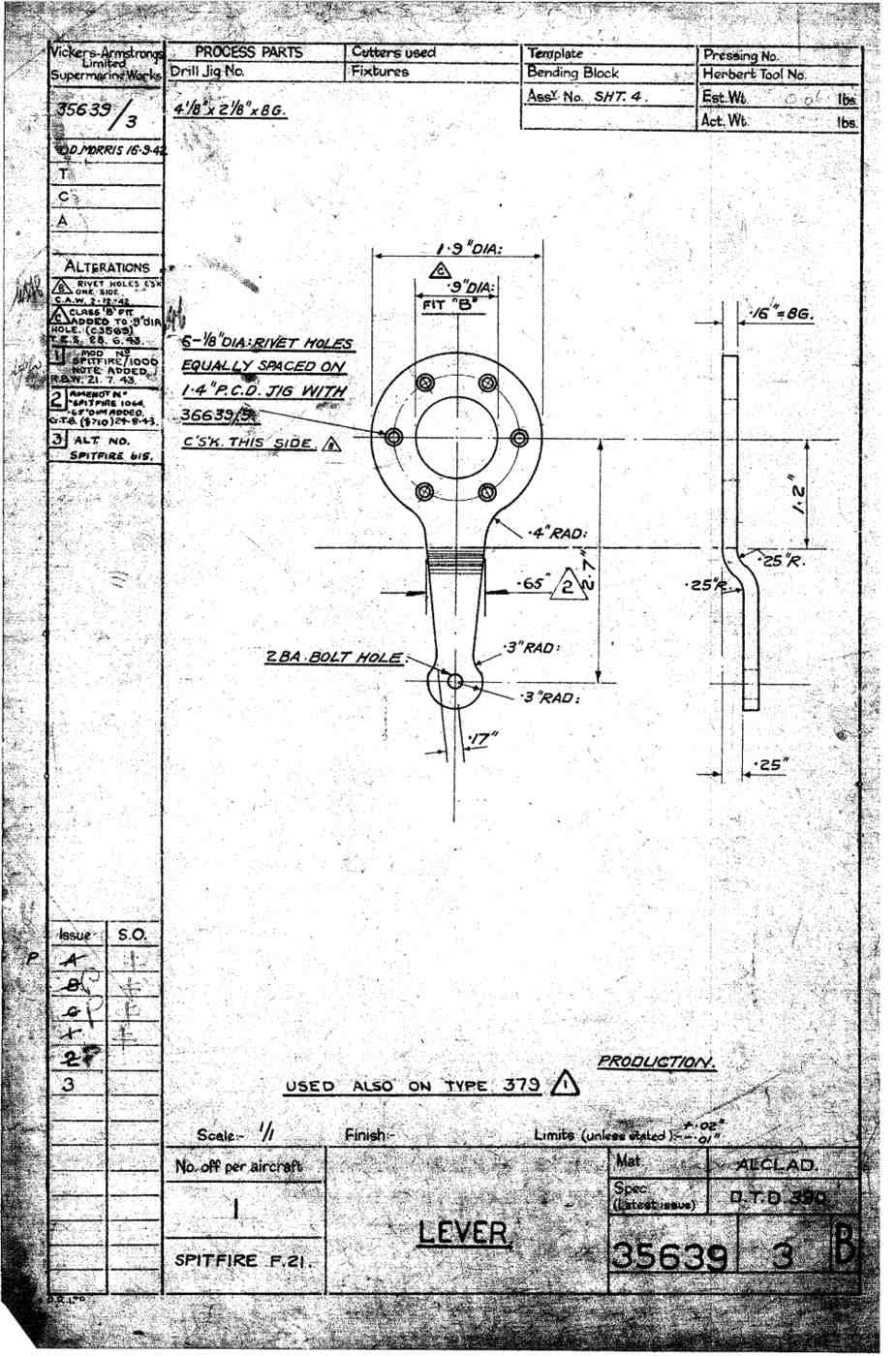 Spitfire Type 356 MK 212224 Blueprints 35639 3 B Lever A4 Photo Print