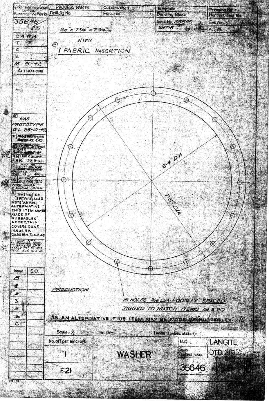 Spitfire Type 356 MK 212224 Blueprints 35646 25 B Washer A4 Photo Print
