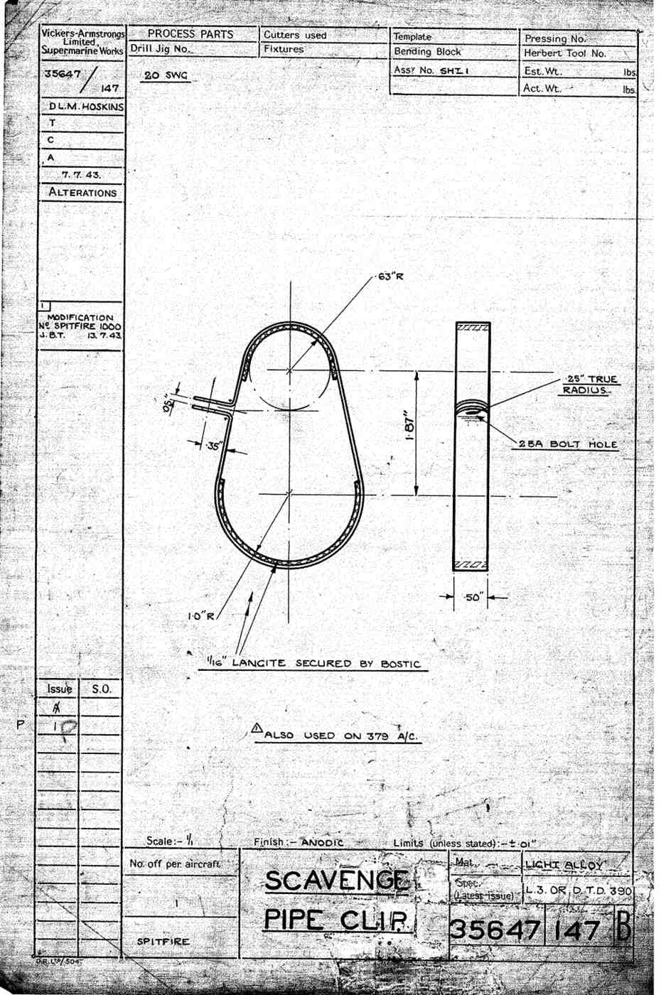 Spitfire Type 356 MK 212224 Blueprints 35647 147 B Scavenge pipe clip A4 Photo Print
