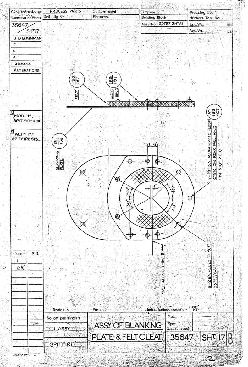 Spitfire Type 356 MK 212224 Blueprints 35647 17 B Assy of blanking plate & felt cleat A4 Photo Print