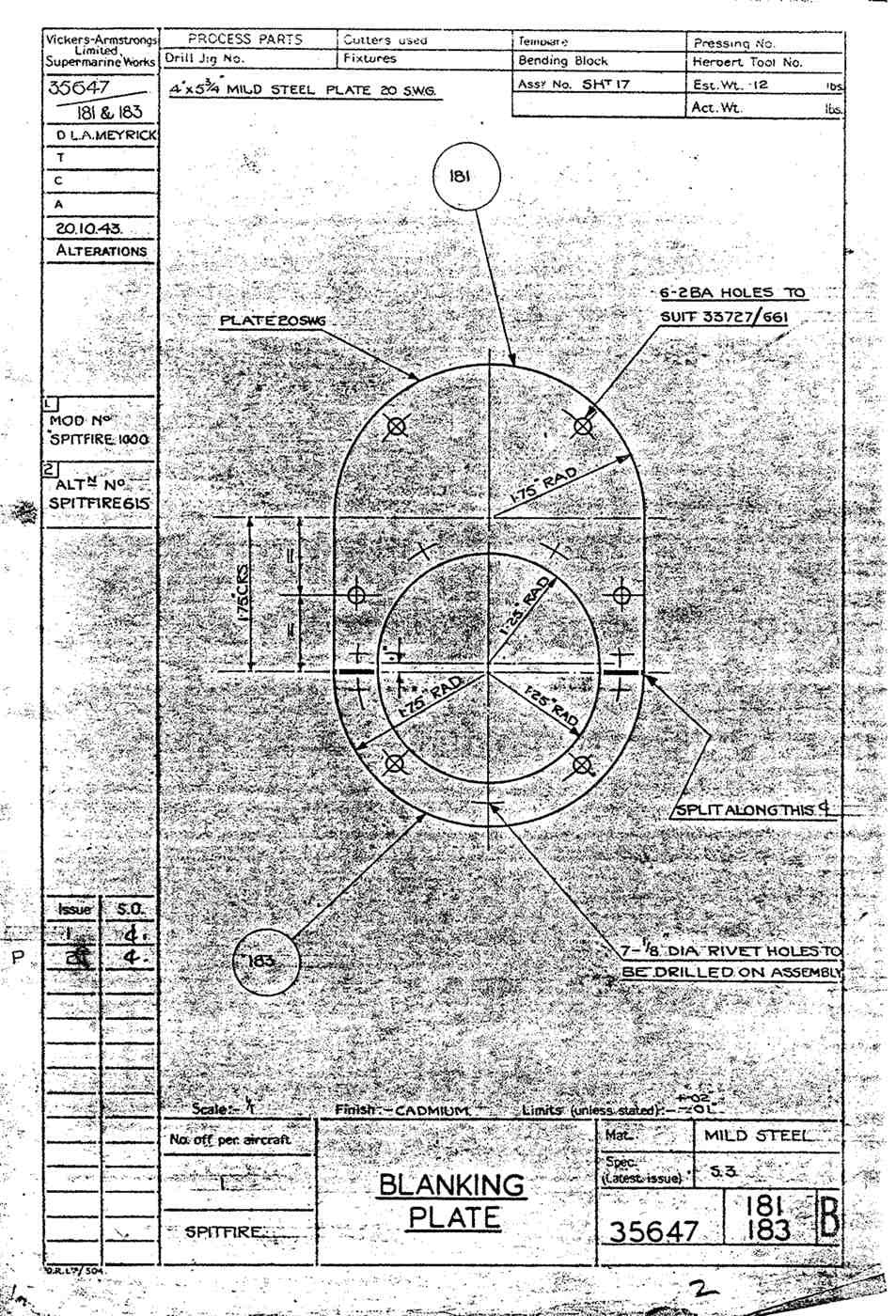 Spitfire Type 356 MK 212224 Blueprints 35647 181183 B Blanking Plate A4 Photo Print