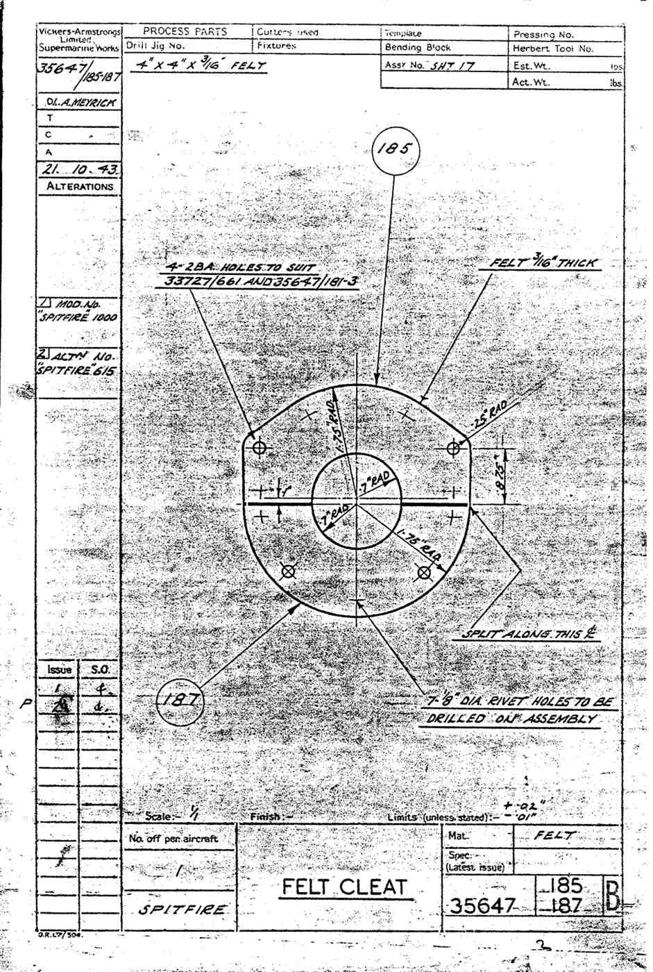 Spitfire Type 356 MK 212224 Blueprints 35647 185187 B Felt cleat A4 Photo Print