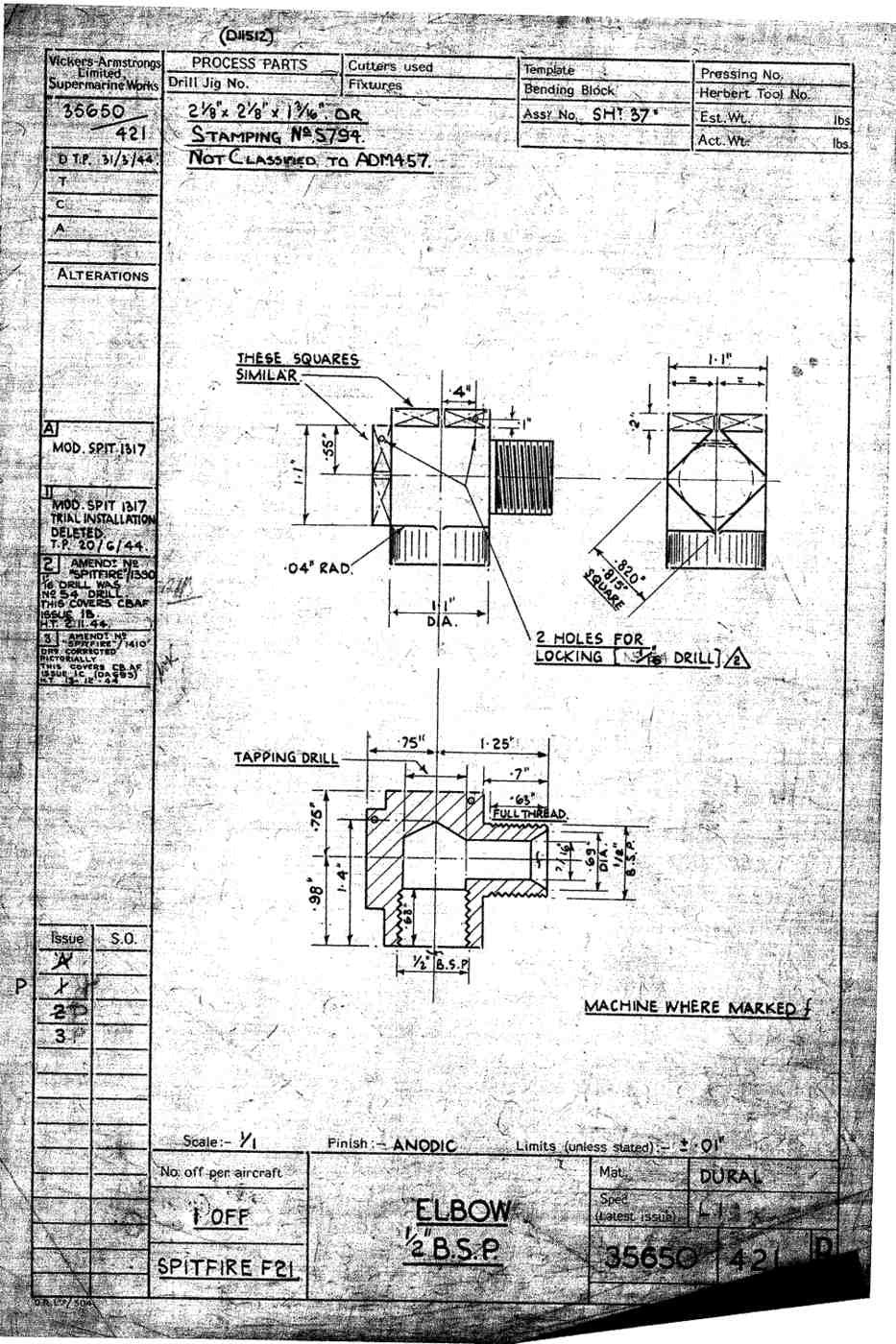 Spitfire Type 356 MK 212224 Blueprints 35650 421 B Elbow A4 Photo Print