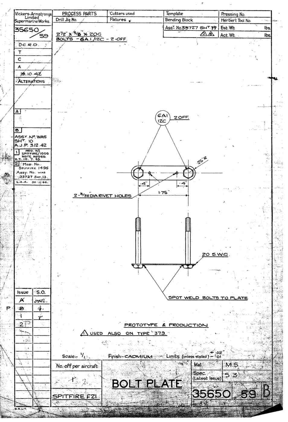 Spitfire Type 356 MK 212224 Blueprints 35650 59 B Bolt plate A4 Photo Print