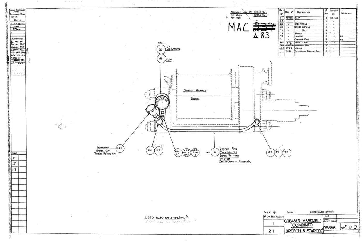Spitfire Type 356 MK 212224 Blueprints 35656 12 D Greaser Assembly combined breech & starter A4 Photo Print