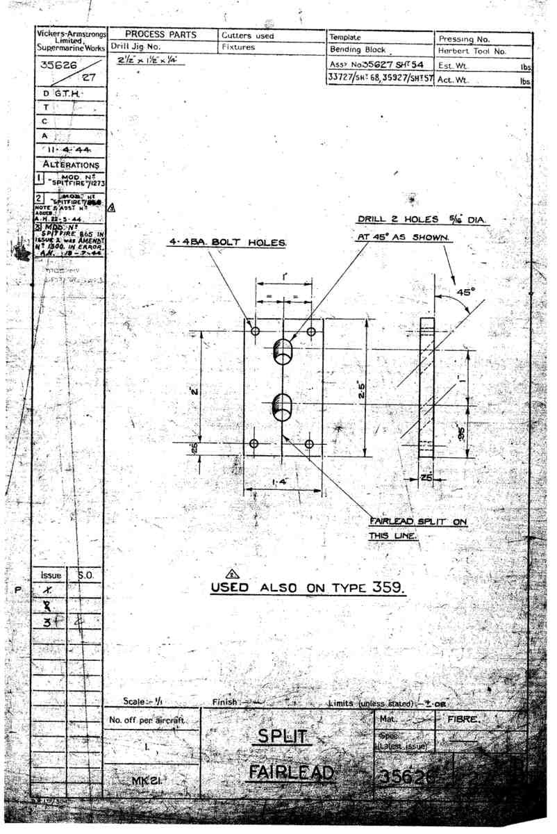 Spitfire Type 356 MK 2122,24 Blueprints 35626 27 B Slit fairlead A4 Photo Print