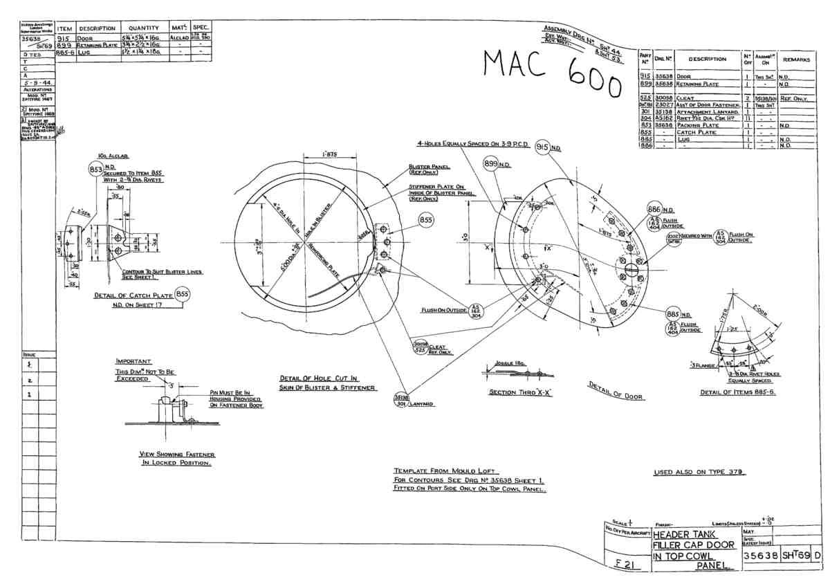Spitfire Type 356 MK 2122,24 Blueprints 35638 69 D Header Tank Filler Cap door in top Cowl Panel A4 Photo Print