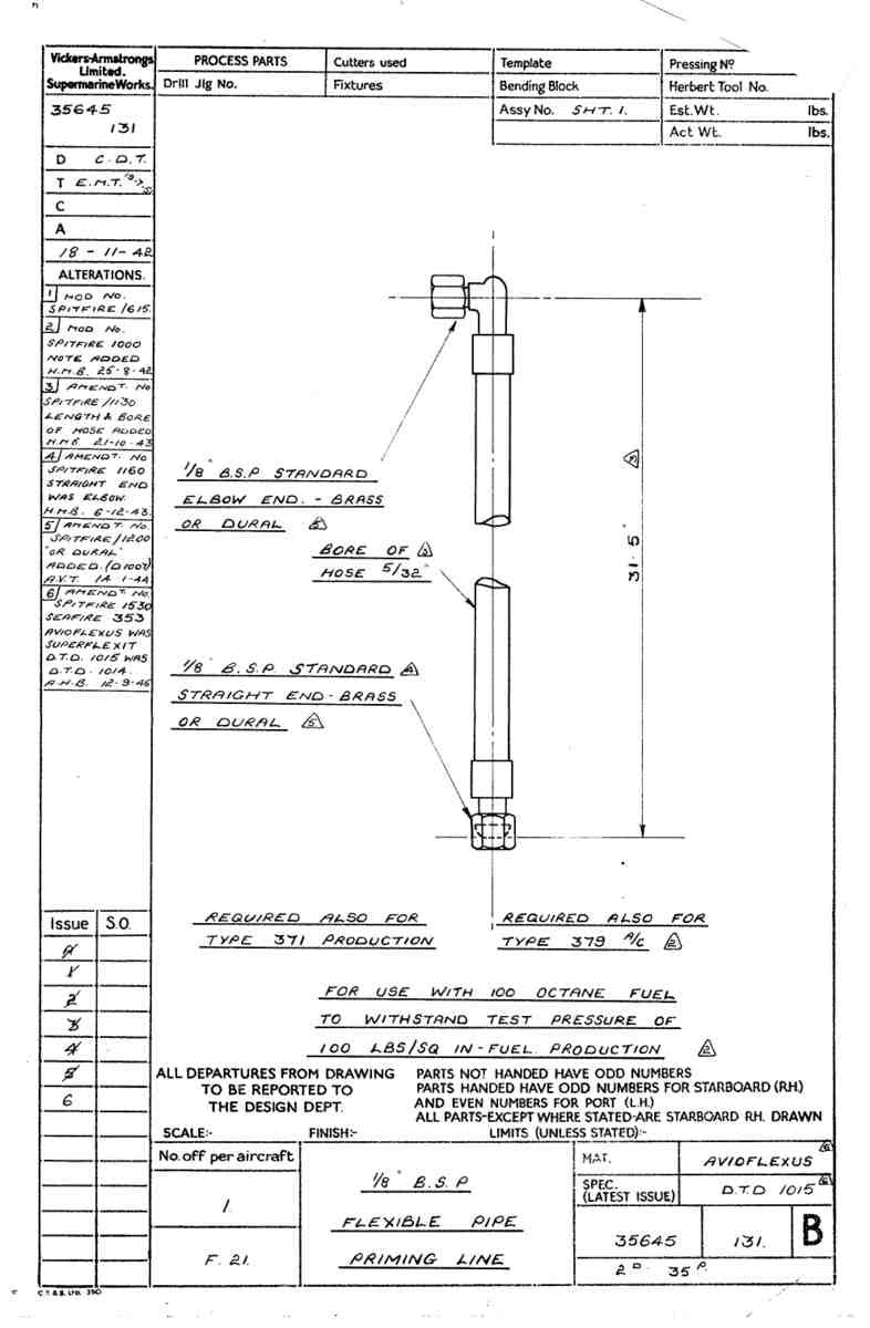 Spitfire Type 356 MK 2122,24 Blueprints 35645 131 B 1 8 BSP flexible pipe prining line A4 Photo Print