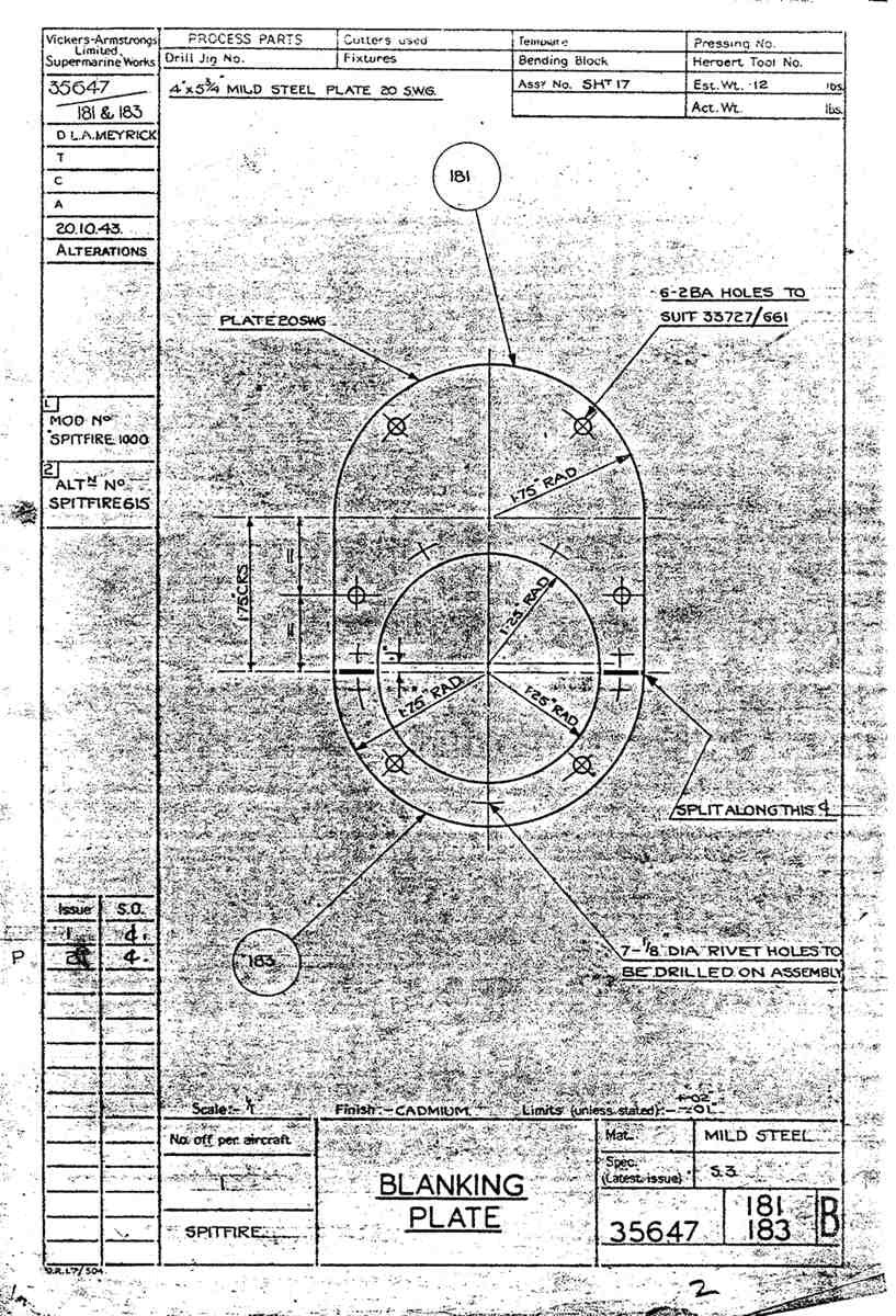 Spitfire Type 356 MK 2122,24 Blueprints 35647 181,183 B Blanking Plate A4 Photo Print