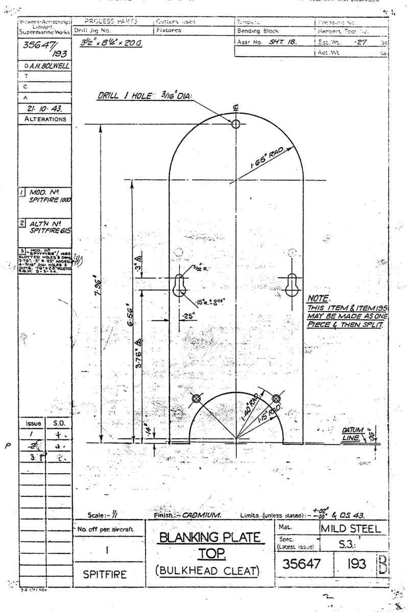 Spitfire Type 356 MK 2122,24 Blueprints 35647 193 B Blanking plate top bulkead cleat A4 Photo Print