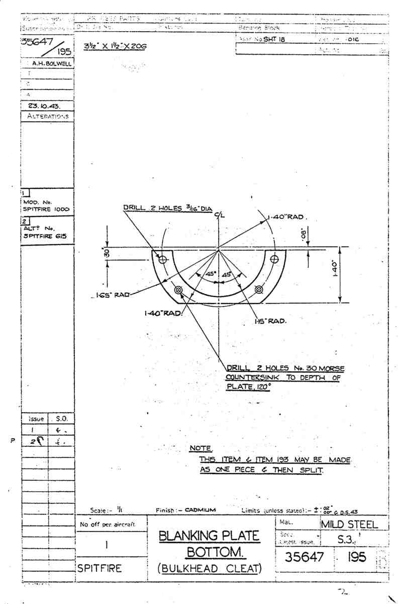 Spitfire Type 356 MK 2122,24 Blueprints 35647 195 B Blanking plate bottom bulhead cleat A4 Photo Print