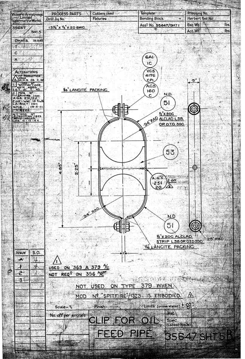 Spitfire Type 356 MK 2122,24 Blueprints 35647 5 B Clip for oil feed pipe A4 Photo Print