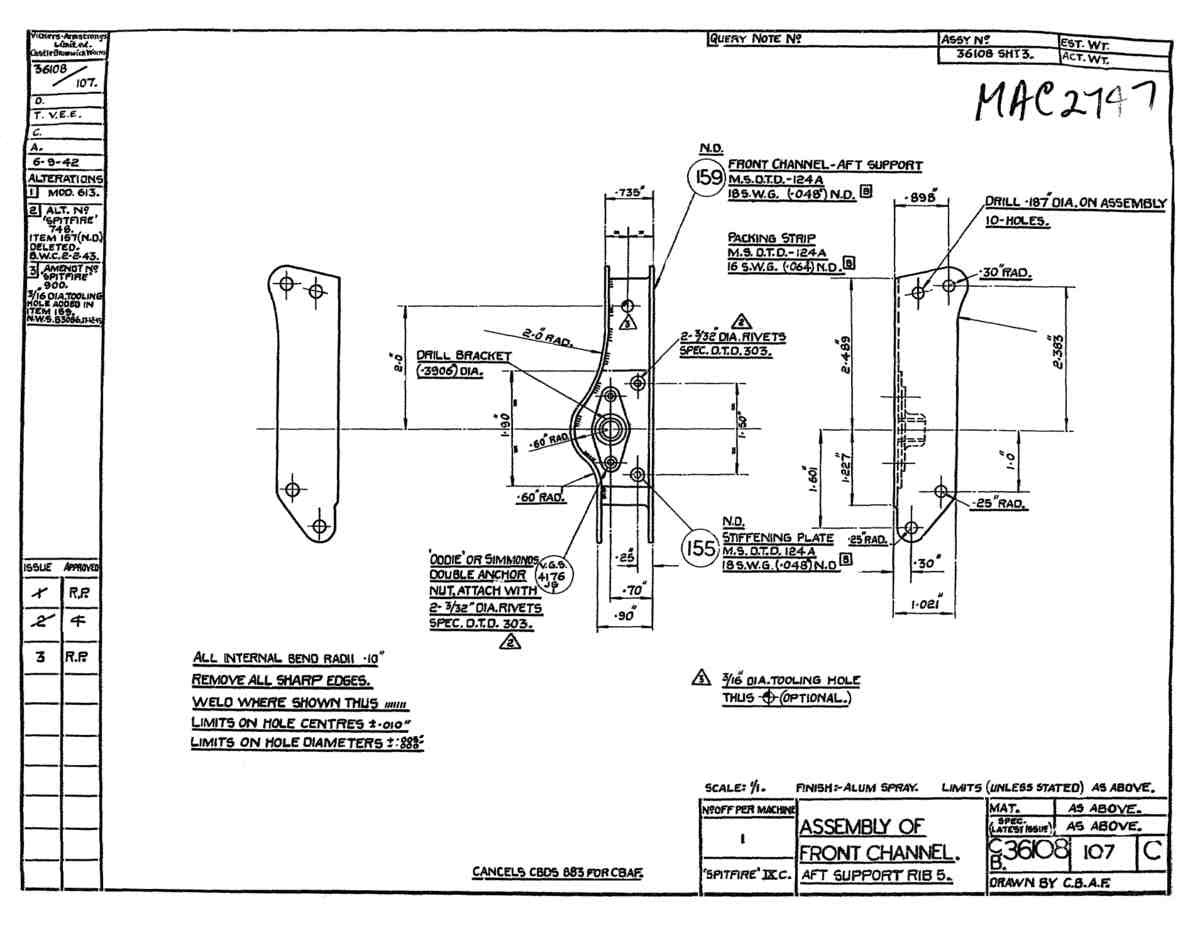 Spitfire Type 361 Mk IX Blueprints 36108 107 C Assembly of Front Channel Aft Support Rib 5 A4 Photo Print