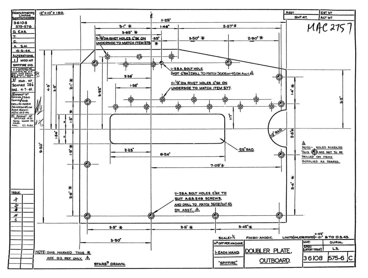 Spitfire Type 361 Mk IX Blueprints 36108 575576 C Doubler Plate Outboard A4 Photo Print