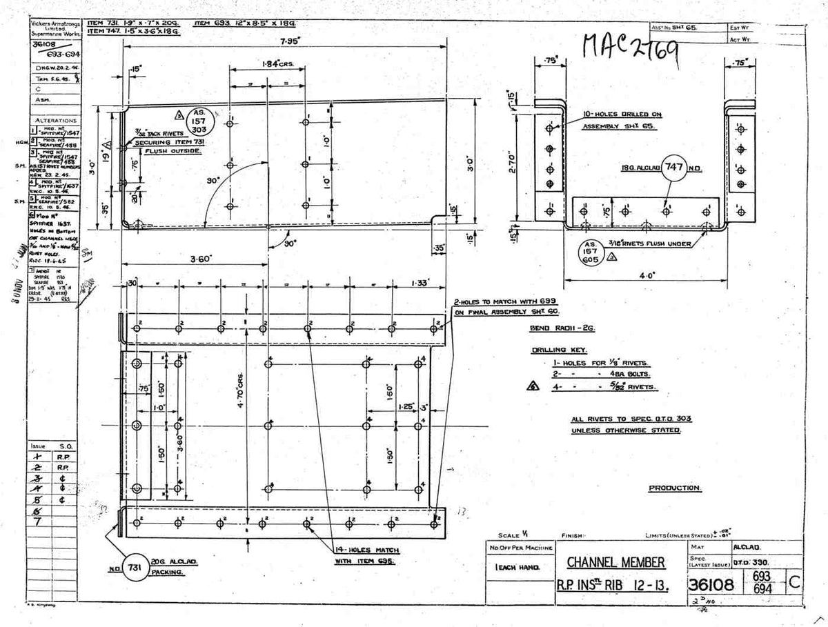 Spitfire Type 361 Mk IX Blueprints 36108 693694 C Channel Member RP Installation Rib 12 13 A4 Photo Print