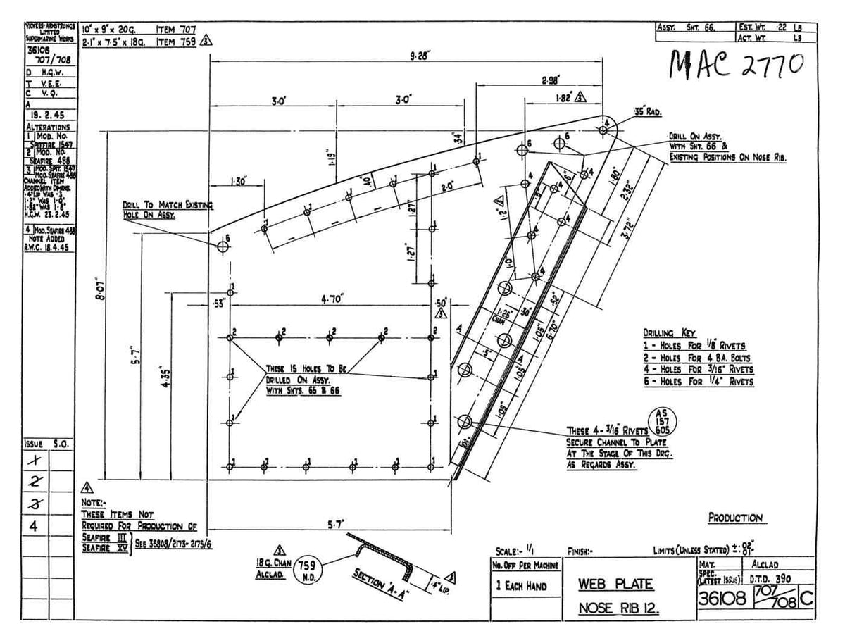 Spitfire Type 361 Mk IX Blueprints 36108 707708 C Web Plate Nose Rib 12 A4 Photo Print