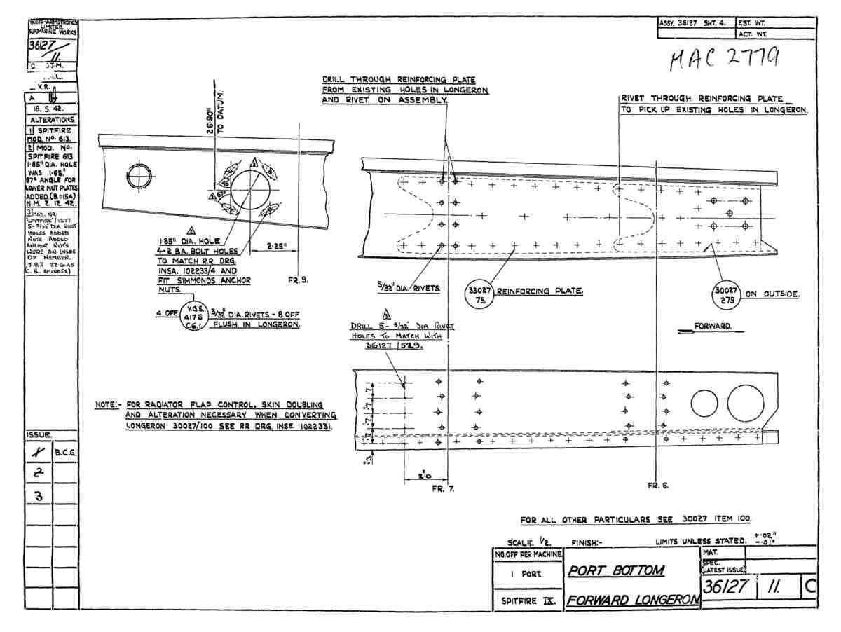 Spitfire Type 361 Mk IX Blueprints 36127 11 C Port Bottom Forward Longeron A4 Photo Print