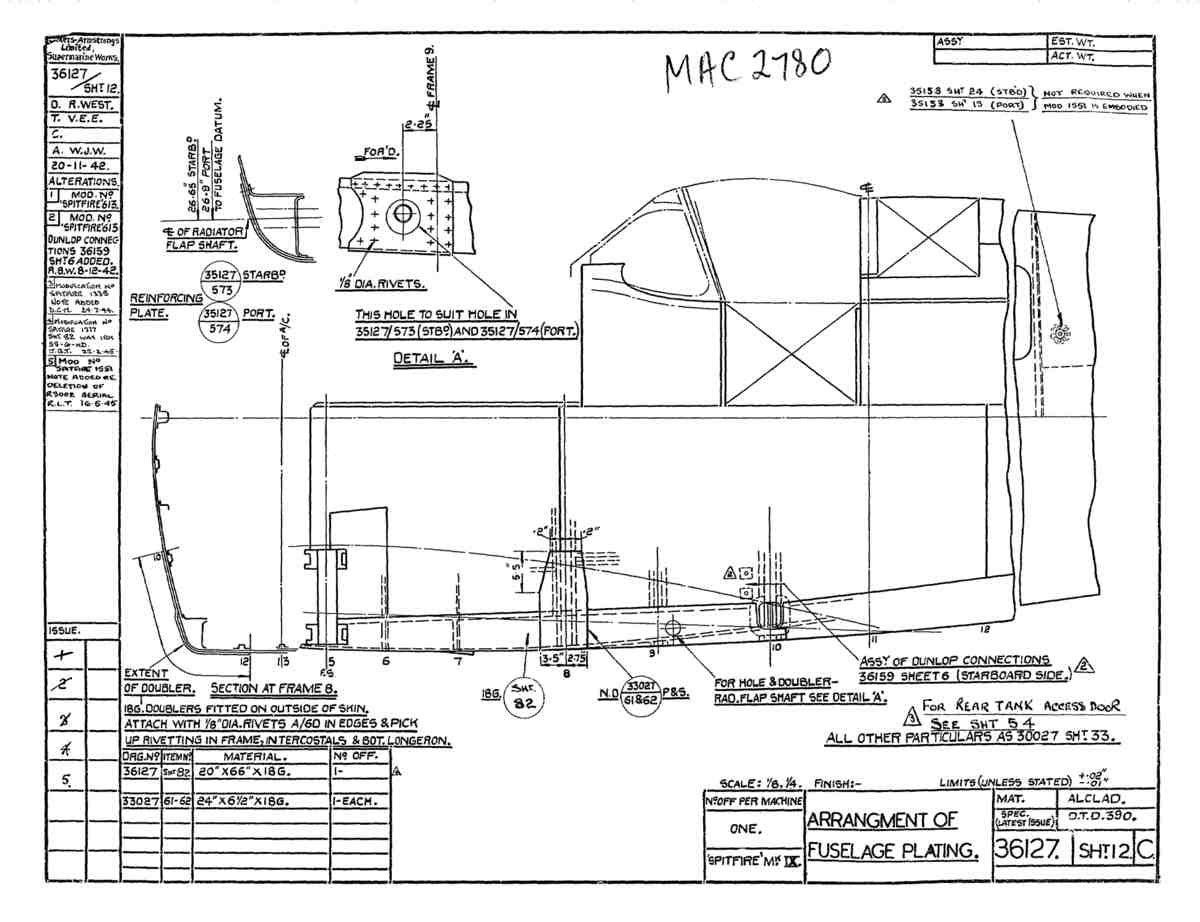 Spitfire Type 361 Mk IX Blueprints 36127 12 C Arrangement of Fuselage Plating A4 Photo Print