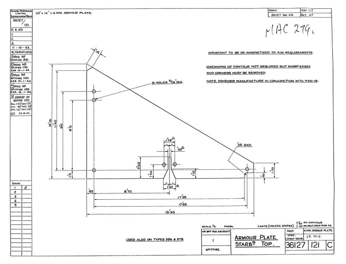 Spitfire Type 361 Mk IX Blueprints 36127 121 C Armour Plate Starboard top A4 Photo Print