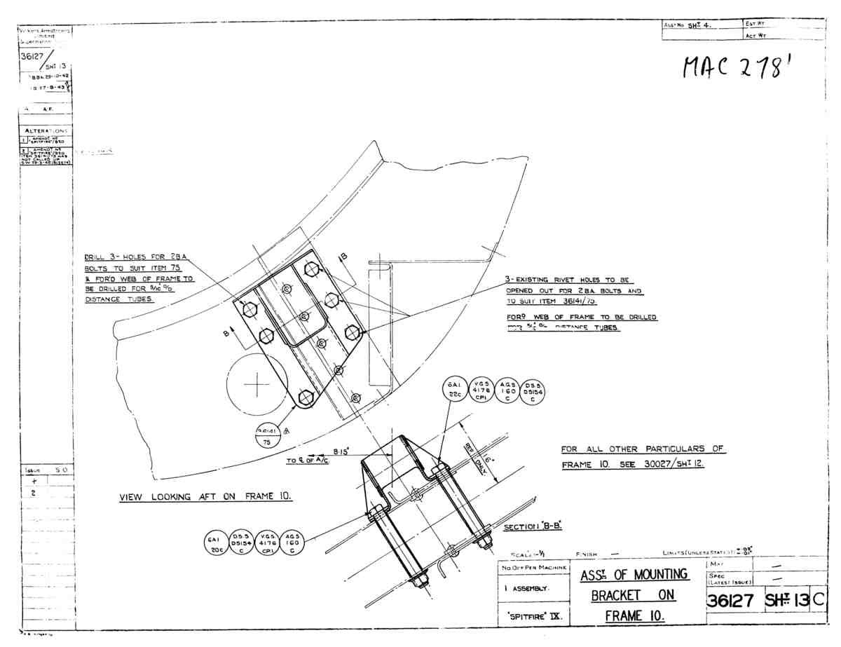 Spitfire Type 361 Mk IX Blueprints 36127 13 C Assembly of Mounting Bracket on Frame 10 A4 Photo Print