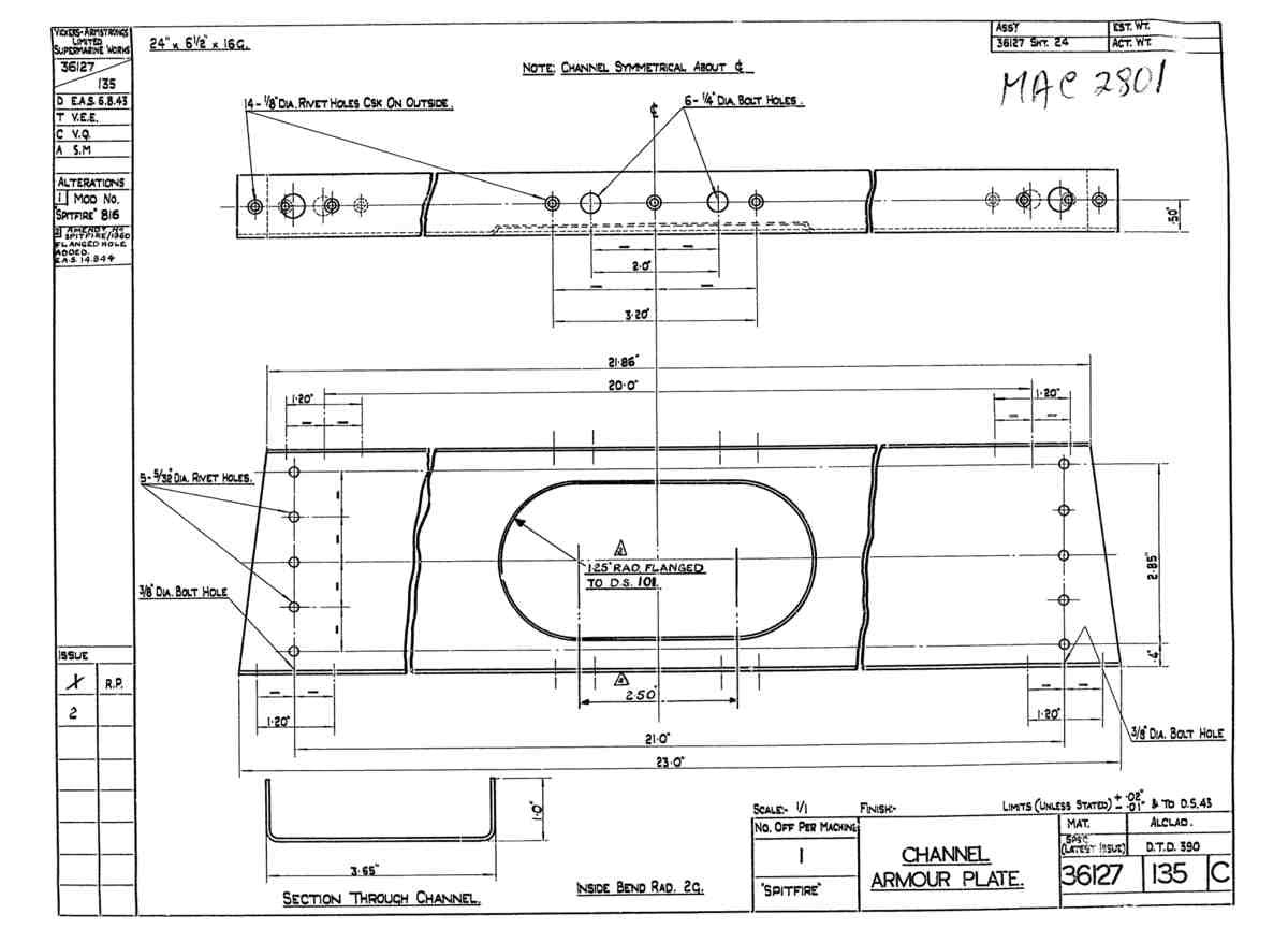 Spitfire Type 361 Mk IX Blueprints 36127 135 C Channel Armour Plate A4 Photo Print
