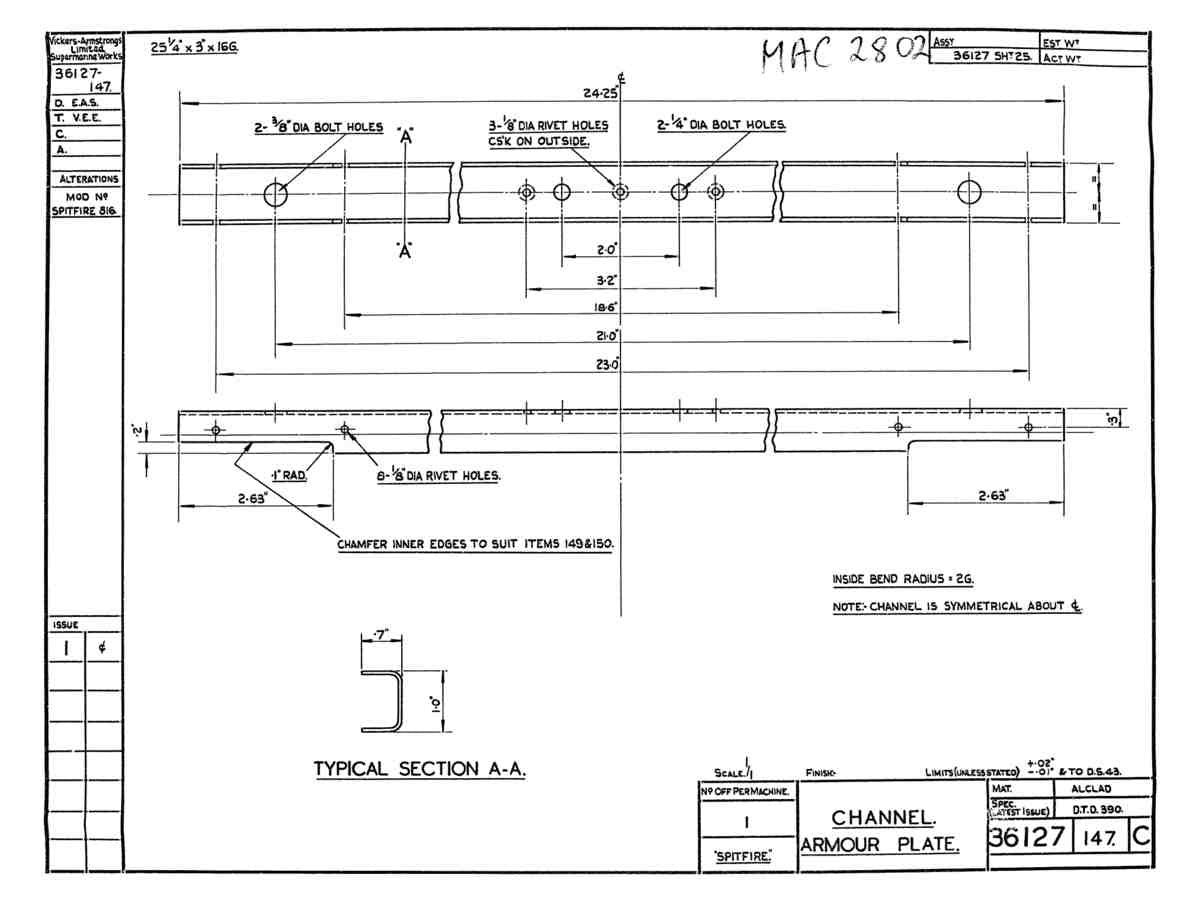 Spitfire Type 361 Mk IX Blueprints 36127 147 C Channel Armour Plate A4 Photo Print
