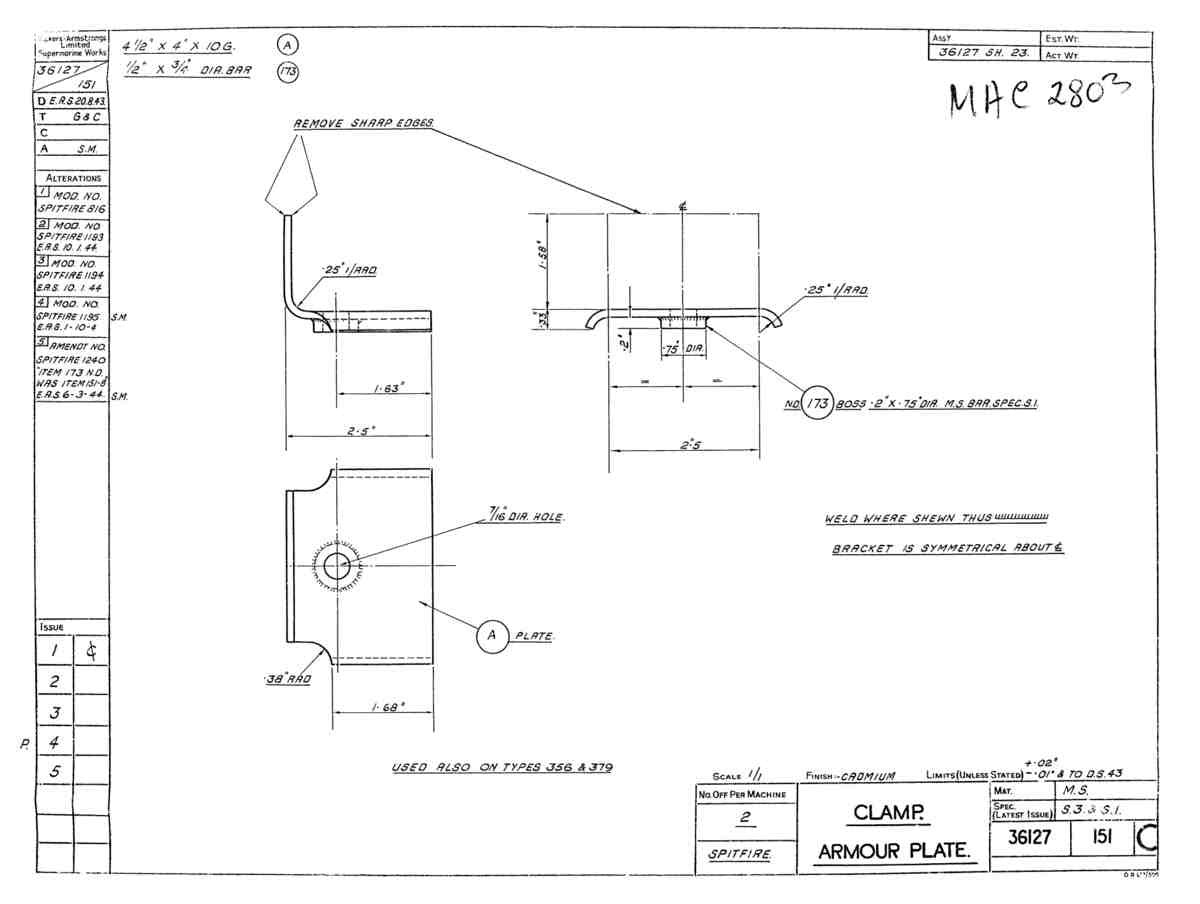 Spitfire Type 361 Mk IX Blueprints 36127 151 C Clamp Armour Plate A4 Photo Print