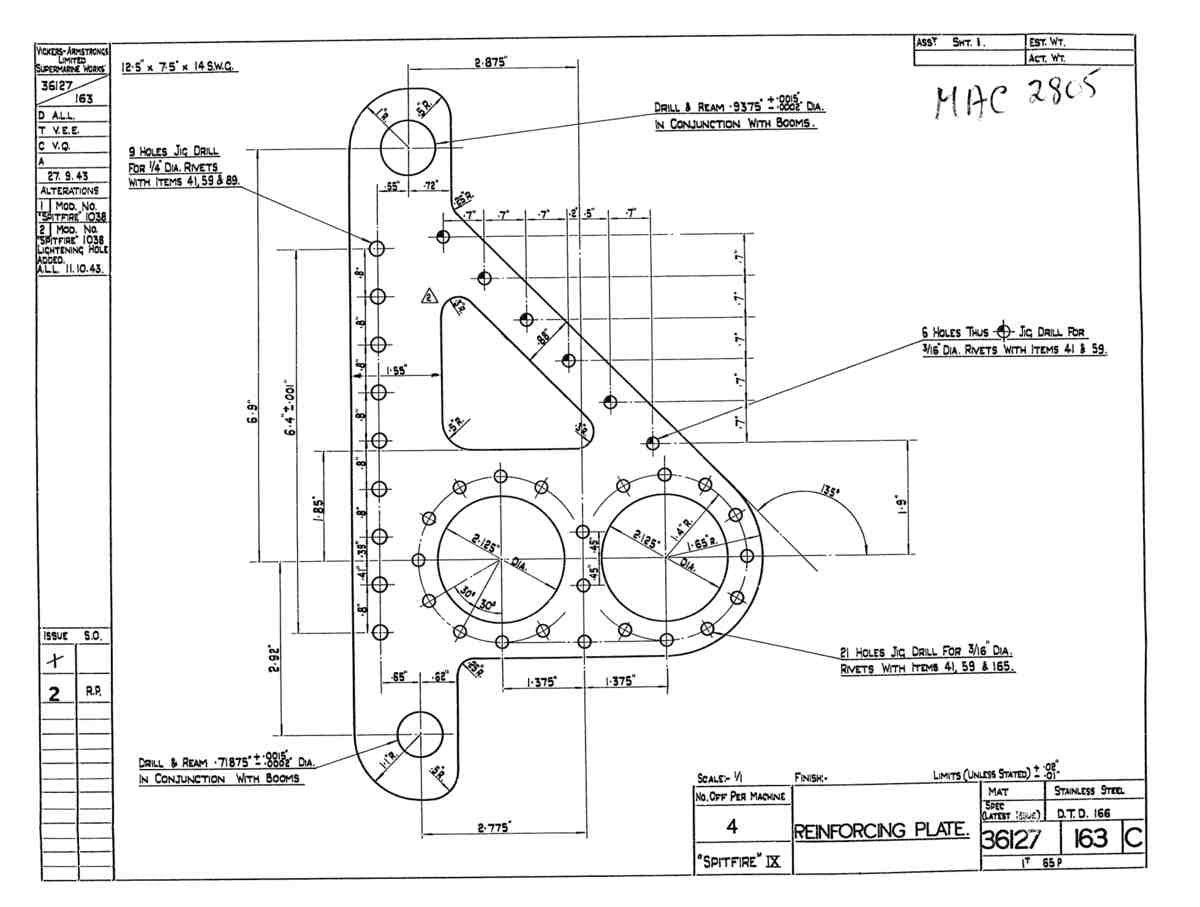 Spitfire Type 361 Mk IX Blueprints 36127 163 C Reinfrocing Plate A4 Photo Print