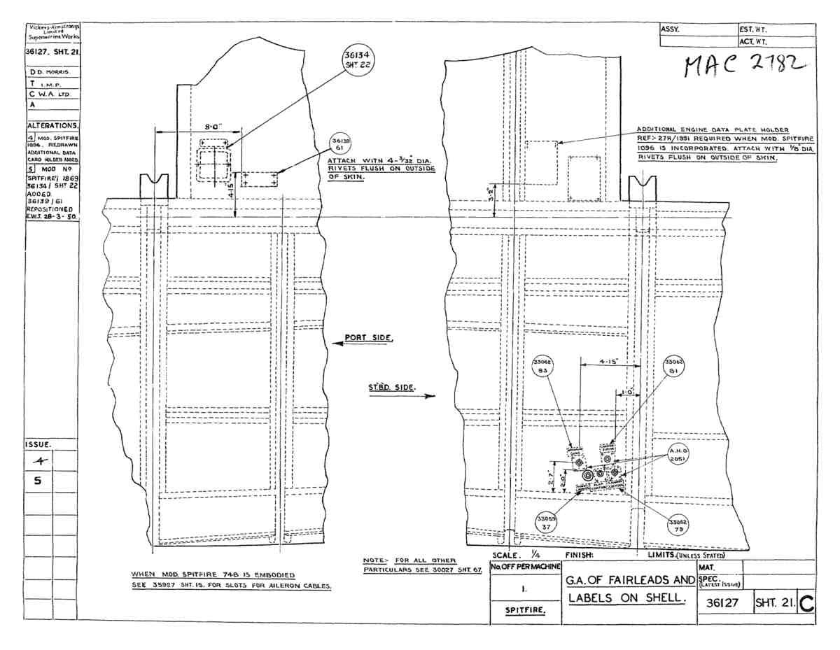 Spitfire Type 361 Mk IX Blueprints 36127 21 C GA of Fairleads and Labels on Shell A4 Photo Print