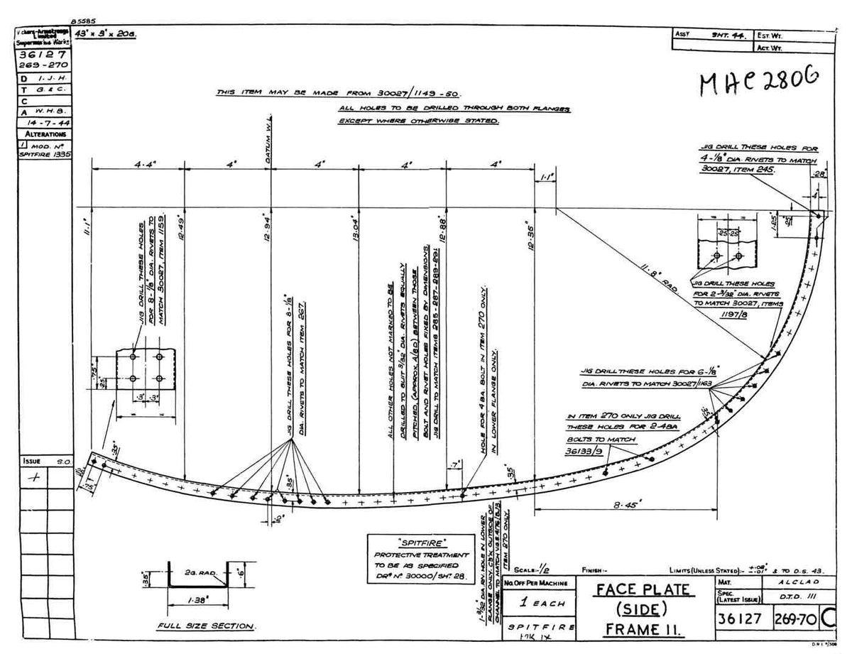 Spitfire Type 361 Mk IX Blueprints 36127 269270 C Face Plate Side Frame 11 A4 Photo Print