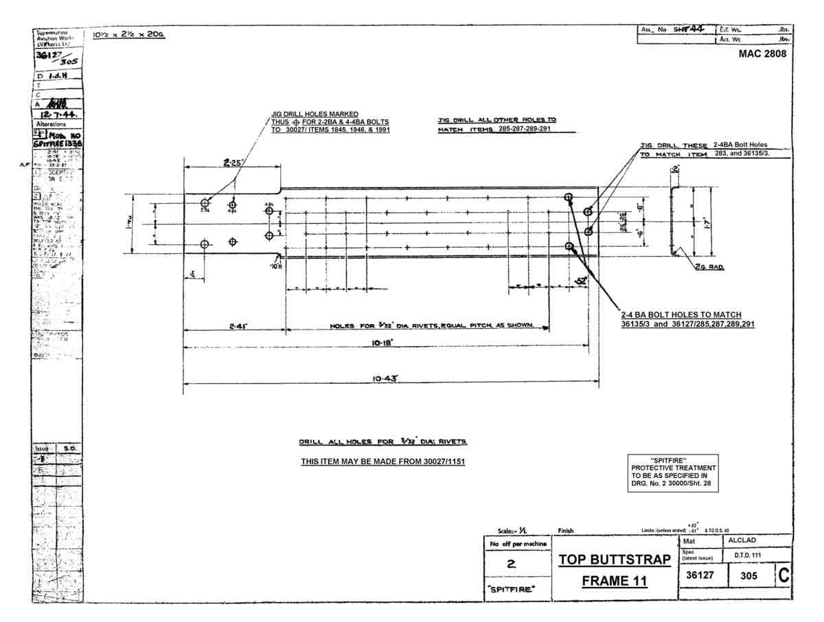 Spitfire Type 361 Mk IX Blueprints 36127 305 C Top Buttstrap Frame 11 A4 Photo Print
