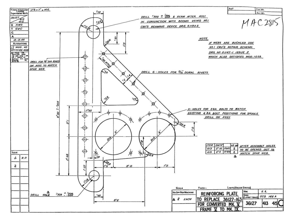 Spitfire Type 361 Mk IX Blueprints 36127 413415 C Reinforcing Plate to Replace 36127 163 fo A4 Photo Print