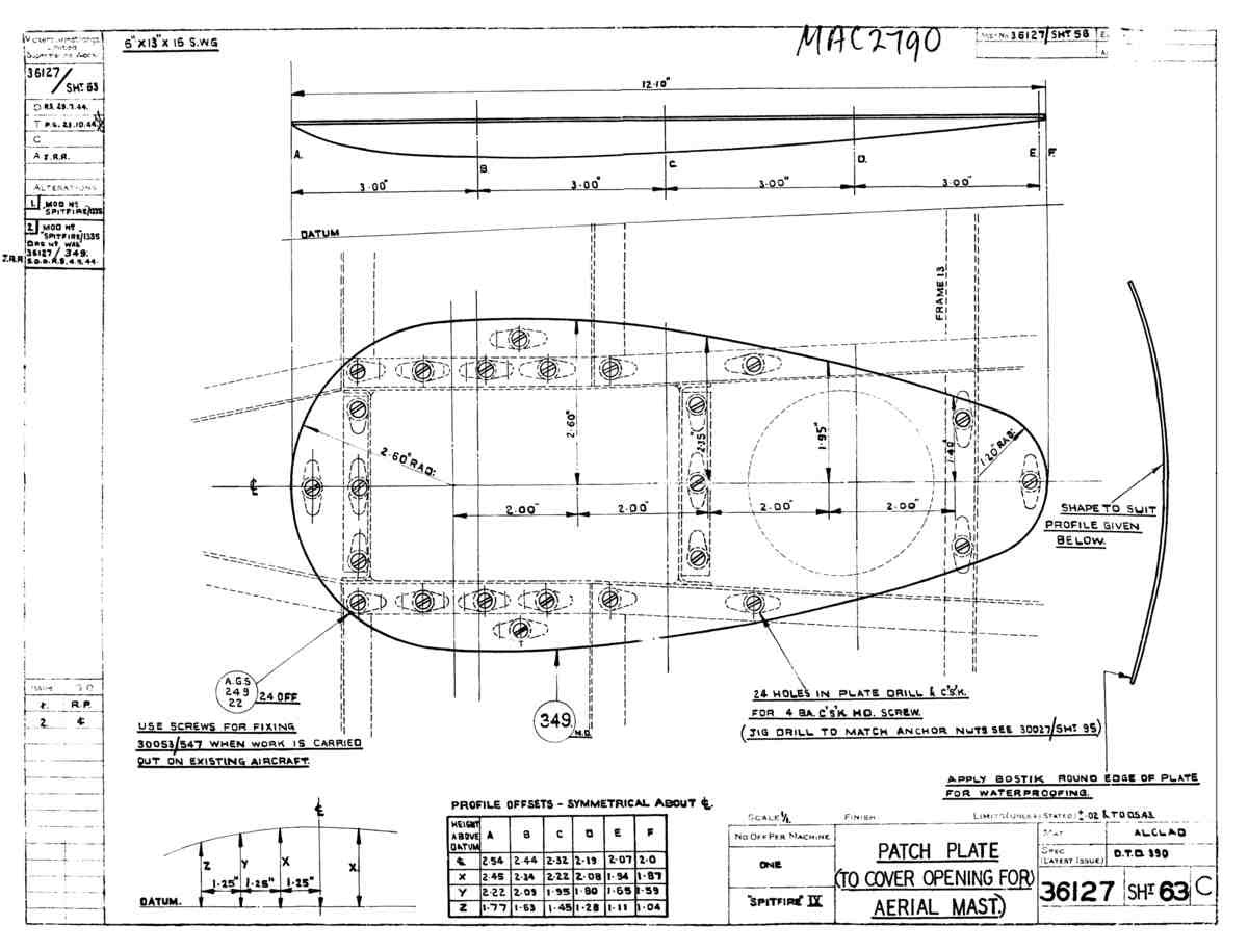 Spitfire Type 361 Mk IX Blueprints 36127 63 C Patch Plate (to cover opening for aerial mast) A4 Photo Print