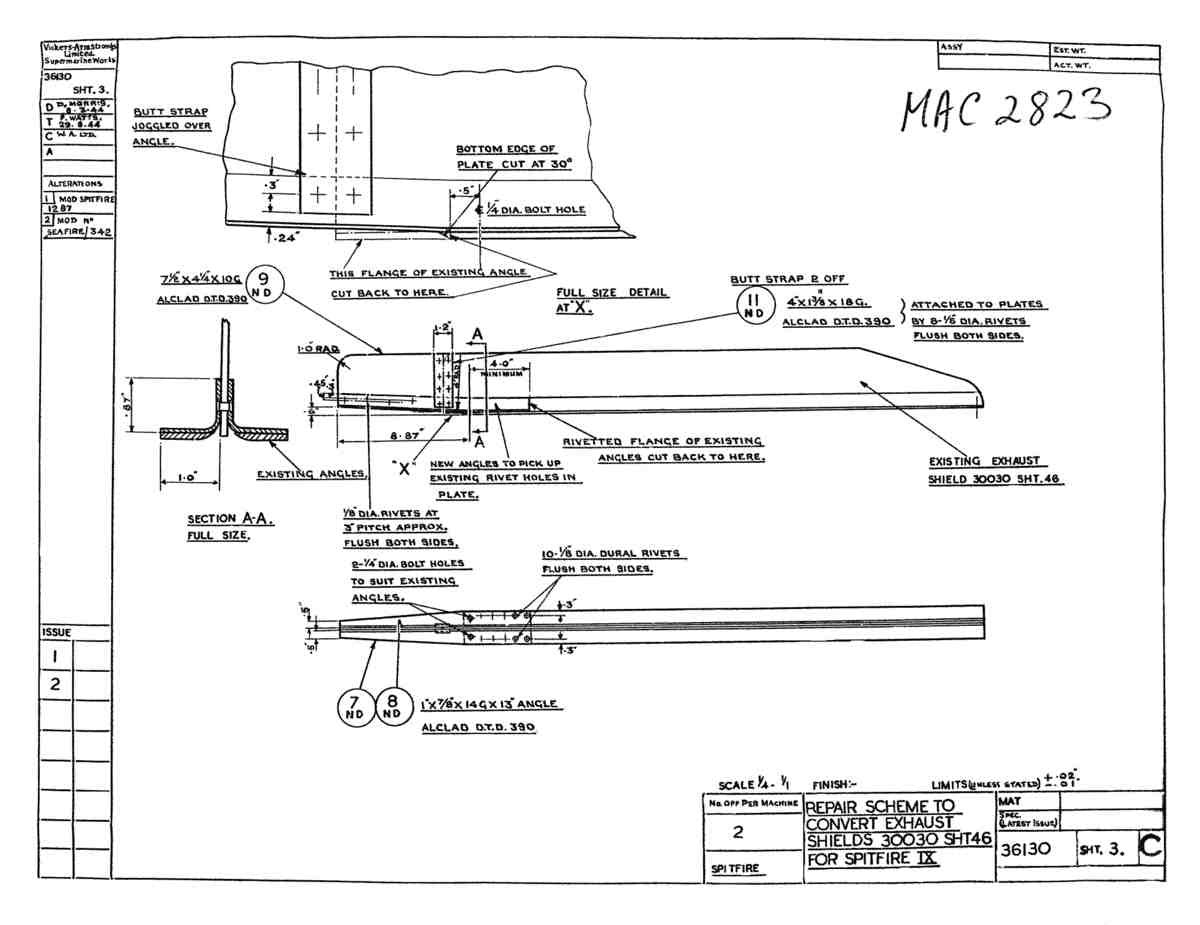 Spitfire Type 361 Mk IX Blueprints 36130 3 C Repair Scheme to Convert Exhaust Shields 30030  A4 Photo Print