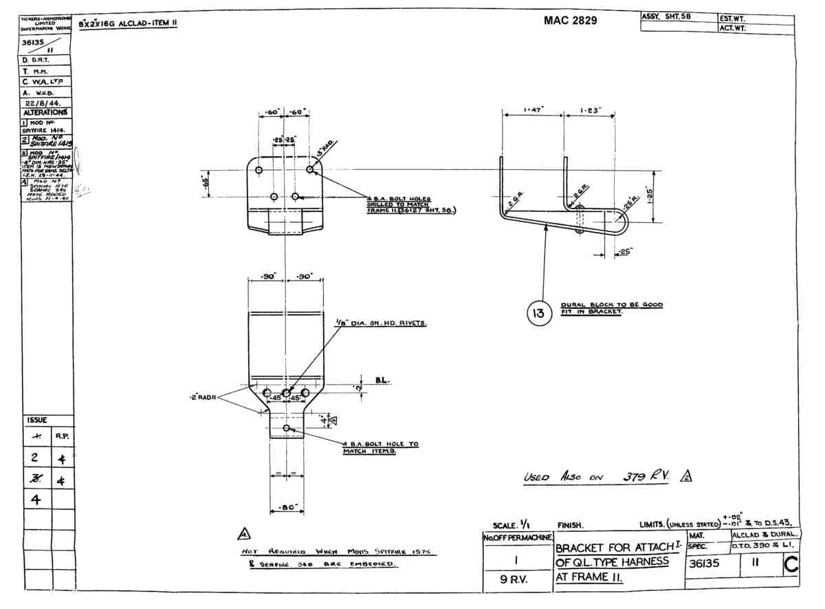 Spitfire Type 361 Mk IX Blueprints 36135 11 C Bracket for attachment of QL type harness at F A4 Photo Print