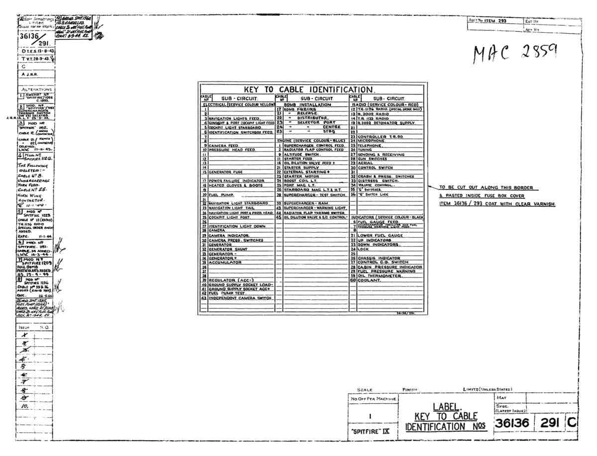 Spitfire Type 361 Mk IX Blueprints 36136 291 C Label Key to Cable Identification No's A4 Photo Print